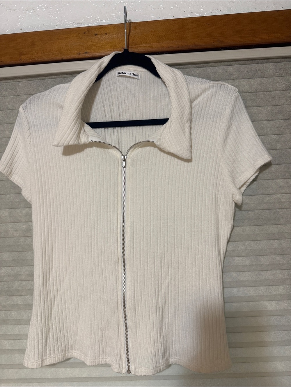 Reformation Cream Ribbed Zip-Front Collared Top